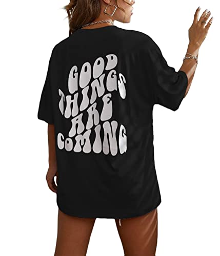 Tomwell T-Shirt Damen Kurzarm Sport Sommer Oberteile Oversize Tshirt mit Buchstaben Muster Sweatshirt Lose Rundhals Rückendruck Bluse Teenager Mädchen Tunika Lang Top D Schwarz M von Tomwell