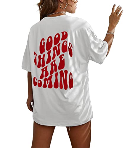 Tomwell T-Shirt Damen Kurzarm Sport Sommer Oberteile Oversize Tshirt mit Buchstaben Muster Sweatshirt Lose Rundhals Rückendruck Bluse Teenager Mädchen Tunika Lang Top D Weiß M von Tomwell