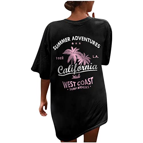 Tomwell T Shirt Damen Kurzarm Top Sport Sommer Oberteile Oversize Rückendruck Letter Print T-Shirt Sweatshirt Lose Rundhals Drucken Bluse Teenager Mädchen Tops Lang C Schwarz M von Tomwell