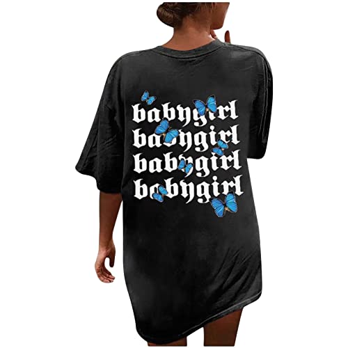 Tomwell T Shirt Damen Kurzarm Top Sport Sommer Oberteile Oversize Rückendruck Letter Print T-Shirt Sweatshirt Lose Rundhals Drucken Bluse Teenager Mädchen Tunika Lang B Schwarz L von Tomwell