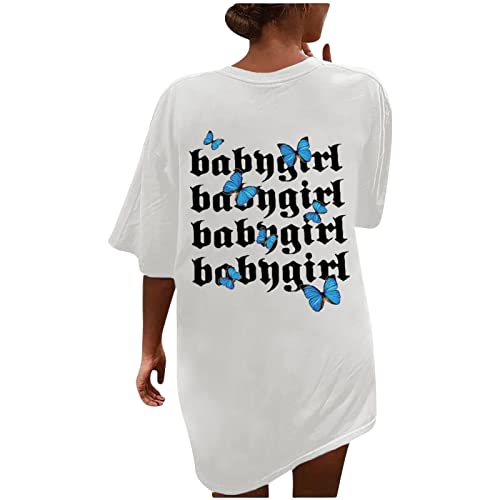 Tomwell T Shirt Damen Kurzarm Top Sport Sommer Oberteile Oversize Rückendruck Letter Print T-Shirt Sweatshirt Lose Rundhals Drucken Bluse Teenager Mädchen Tunika Lang B Weiß XL von Tomwell