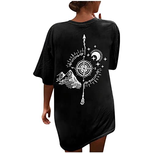 Tomwell T Shirt Damen Kurzarm Top Sport Sommer Oberteile Oversize Rückendruck Letter Print T-Shirt Sweatshirt Lose Rundhals Drucken Bluse Teenager Mädchen Tunika Lang D Schwarz XL von Tomwell