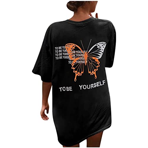 Tomwell T Shirt Damen Kurzarm Top Sport Sommer Oberteile Oversize Rückendruck Letter Print T-Shirt Sweatshirt Lose Rundhals Drucken Bluse Teenager Mädchen Tunika Lang F2 Schwarz XXL von Tomwell