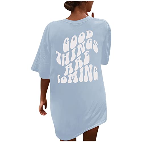 Tomwell T Shirt Damen Kurzarm Top Sport Sommer Oberteile Oversize Rückendruck Letter Print T-Shirt Sweatshirt Lose Rundhals Drucken Bluse Teenager Mädchen Tunika Lang P Blau XS von Tomwell