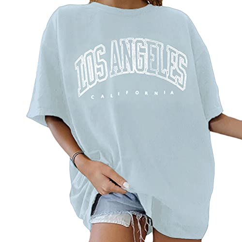 Tomwell T-Shirt Damen Oversized Lustig Streetwear Sportshirt Kurzarm Sport Oberteile Sweatshirt Rundhals Teenager Mädchen Tunika Lang Tops Sommer Blau XXL von Tomwell