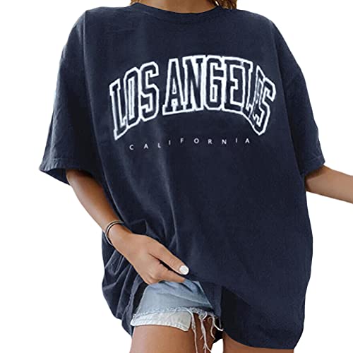 Tomwell T-Shirt Damen Oversized Mode Lose Rundhals Kurzarm Sommer Oberteile Vintage Drucken Bluse Streetwear Sport Oberteile Vintage Sweatshirt Teenager Mädchen Tunika Lang Tops Marine M von Tomwell