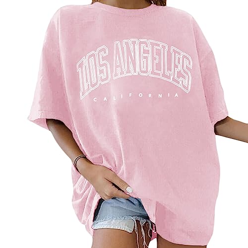 Tomwell T-Shirt Damen Oversized Mode Lose Rundhals Kurzarm Sommer Oberteile Vintage Drucken Bluse Streetwear Sport Oberteile Vintage Sweatshirt Teenager Mädchen Tunika Lang Tops Rosa L von Tomwell