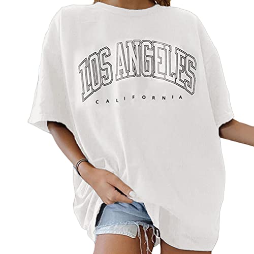 Tomwell T-Shirt Damen Oversized Mode Lose Rundhals Kurzarm Sommer Oberteile Vintage Drucken Bluse Streetwear Sport Oberteile Vintage Sweatshirt Teenager Mädchen Tunika Lang Tops Weiß XS von Tomwell