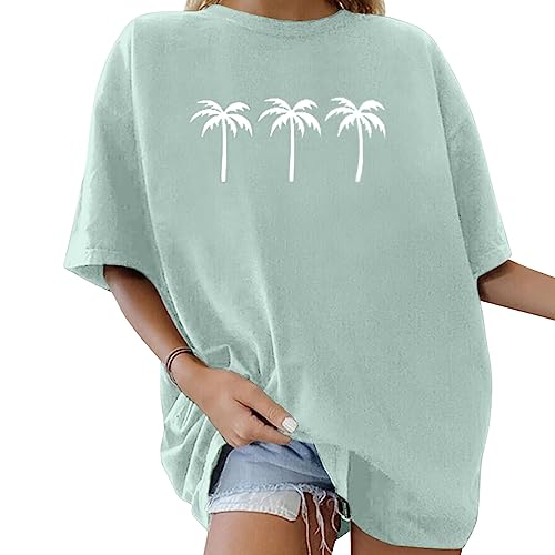 Tomwell T-Shirt Damen Oversized Mode Lose Rundhals Kurzarm Sommer Oberteile Vintage Drucken Bluse Streetwear Sport Oberteile Vintage Sweatshirt Teenager Mädchen Tunika Lang Tops Y03 Grün L von Tomwell