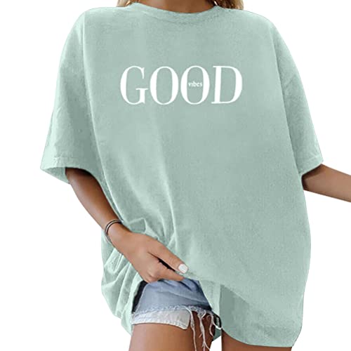 Tomwell T-Shirt Damen Oversized Mode Lose Rundhals Kurzarm Sommer Oberteile Vintage Drucken Bluse Streetwear Sport Oberteile Vintage Sweatshirt Teenager Mädchen Tunika Lang Tops Y07 Grün M von Tomwell