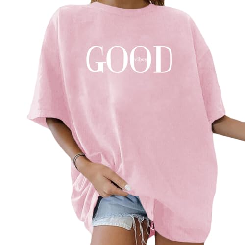 Tomwell T-Shirt Damen Oversized Mode Lose Rundhals Kurzarm Sommer Oberteile Vintage Drucken Bluse Streetwear Sport Oberteile Vintage Sweatshirt Teenager Mädchen Tunika Lang Tops Y07 Rosa XL von Tomwell