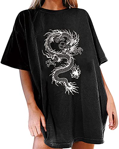 Tomwell T-Shirt Damen Oversized Mode Lose Rundhals Kurzarm Sommer Sport Oberteile Vintage Löwenzahn Drucken Bluse Streetwear Sweatshirt Teenager Mädchen Tunika Lang Tops G Schwarz XXL von Tomwell