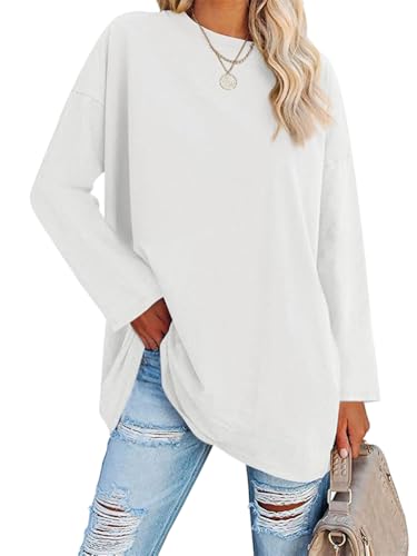 Tomwell T Shirt Damen Rundhals Langarm Oberteile Oversize Pullover Winter Longshirt Casual Basic Shirt Tunika A Weiß M von Tomwell