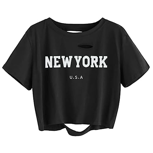 Tomwell T-Shirt Damen Zerrissenes Crop Top Kurzarm Sportshirt Bauchfrei Oberteil Sommer Rundhals Crop Tshirt mit Los Angeles Brief Lose Bluse für Teen Girls Sweatshirt B Schwarz XS von Tomwell