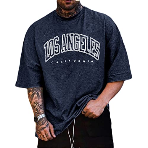 Tomwell T-Shirt Herren Oversized Lose Rundhals Kurzarm Sommer Oberteile Vintage Drucken Bluse Streetwear Sport Oberteile Sweatshirt Teenager Tunika Lang Tops A Marine XL von Tomwell