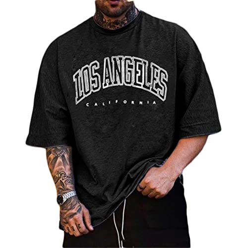 Tomwell T-Shirt Herren Oversized Lose Rundhals Kurzarm Sommer Oberteile Vintage Drucken Bluse Streetwear Sport Oberteile Sweatshirt Teenager Tunika Lang Tops A Schwarz XS von Tomwell