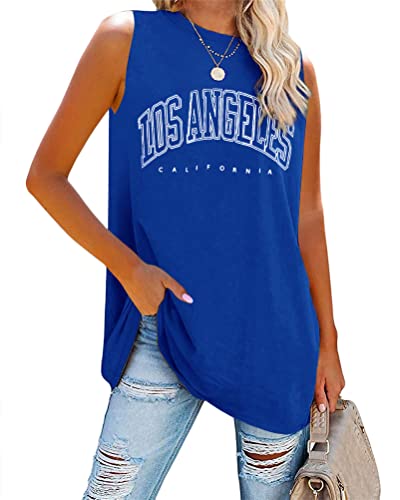 Tomwell Tank Top Damen Los Angeles Brief T-Shirt Ärmellose Sport Sommer Rundhals Oversize Oberteile Sweatshirt V-Ausschnitt Tops Lose Bluse Tunika Lang für Teen Girls A Blau XXL von Tomwell