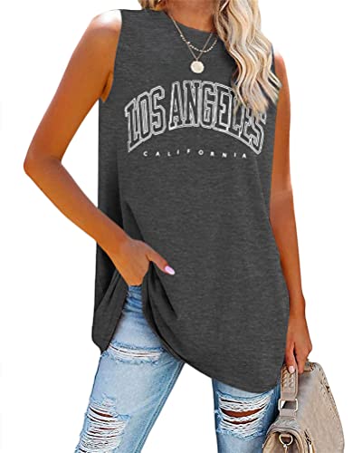 Tomwell Tank Top Damen Los Angeles Brief T-Shirt Ärmellose Sport Sommer Rundhals Oversize Oberteile Sweatshirt V-Ausschnitt Tops Lose Bluse Tunika Lang für Teen Girls A Dunkelgrau S von Tomwell