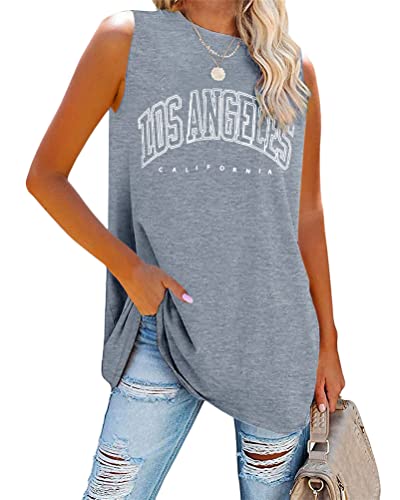 Tomwell Tank Top Damen Los Angeles Brief T-Shirt Ärmellose Sport Sommer Rundhals Oversize Oberteile Sweatshirt V-Ausschnitt Tops Lose Bluse Tunika Lang für Teen Girls A Grau XXL von Tomwell