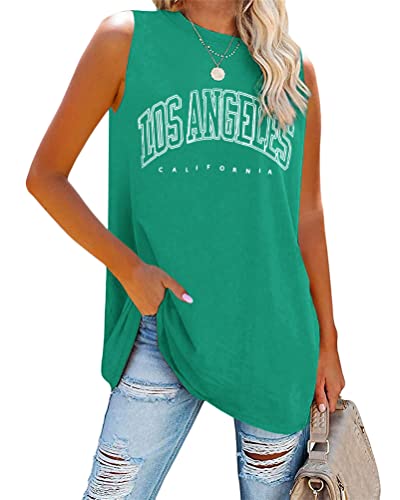 Tomwell Tank Top Damen Los Angeles Brief T-Shirt Ärmellose Sport Sommer Rundhals Oversize Oberteile Sweatshirt V-Ausschnitt Tops Lose Bluse Tunika Lang für Teen Girls A Grün XL von Tomwell