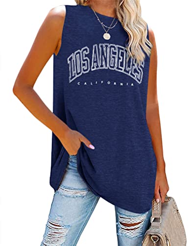 Tomwell Tank Top Damen Los Angeles Brief T-Shirt Ärmellose Sport Sommer Rundhals Oversize Oberteile Sweatshirt V-Ausschnitt Tops Lose Bluse Tunika Lang für Teen Girls A Marine XL von Tomwell