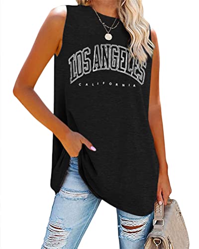 Tomwell Tank Top Damen Los Angeles Brief T-Shirt Ärmellose Sport Sommer Rundhals Oversize Oberteile Sweatshirt V-Ausschnitt Tops Lose Bluse Tunika Lang für Teen Girls A Schwarz XL von Tomwell