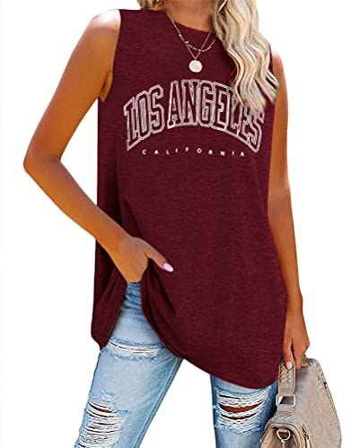 Tomwell Tank Top Damen Los Angeles Brief T-Shirt Ärmellose Sport Sommer Rundhals Oversize Oberteile Sweatshirt V-Ausschnitt Tops Lose Bluse Tunika Lang für Teen Girls A Weinrot M von Tomwell