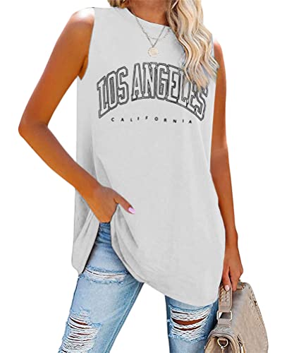 Tomwell Tank Top Damen Los Angeles Brief T-Shirt Ärmellose Sport Sommer Rundhals Oversize Oberteile Sweatshirt V-Ausschnitt Tops Lose Bluse Tunika Lang für Teen Girls A Weiß L von Tomwell