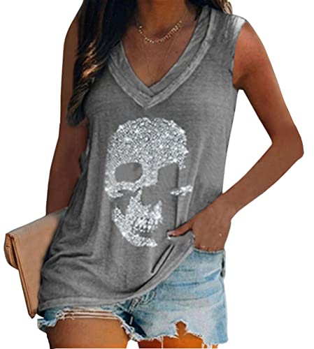 Tomwell Tank Top Damen Sweatshirt Ärmelloses Locker Pullover Totenkopf Druck Oberteile Frauen Herbst Elegant V-Ausschnitt Tops Lässig Löwenzahn Tunika T-Shirt K Grau S von Tomwell