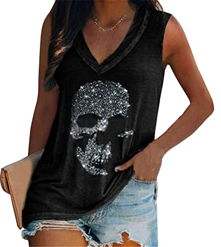 Tomwell Tank Top Damen Sweatshirt Ärmelloses Locker Pullover Totenkopf Druck Oberteile Frauen Herbst Elegant V-Ausschnitt Tops Lässig Löwenzahn Tunika T-Shirt K Schwarz L von Tomwell