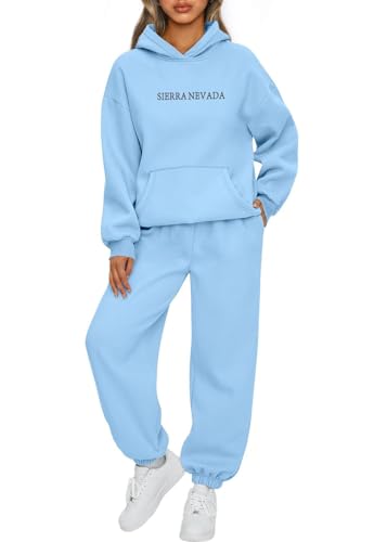 Tomwell Trainingsanzug Sets Frauen Casual Langarm Hoodies und Hosen Herbst Winter 2 Stück Anzug Set Oversize Locker Pullover Mit Kapuze und Jogger Hosen Set Warmer Hausanzug A Blau XL von Tomwell