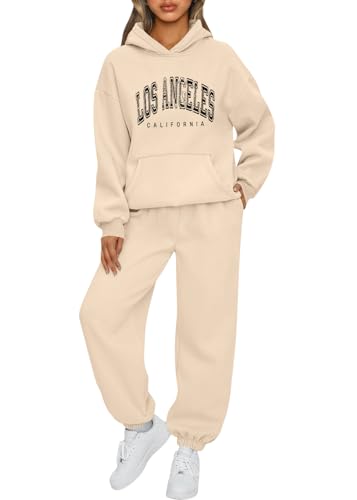 Tomwell Trainingsanzug Sets Frauen Casual Langarm Hoodies und Hosen Herbst Winter 2 Stück Anzug Set Oversize Locker Pullover Mit Kapuze und Jogger Hosen Set Warmer Hausanzug B Beige M von Tomwell