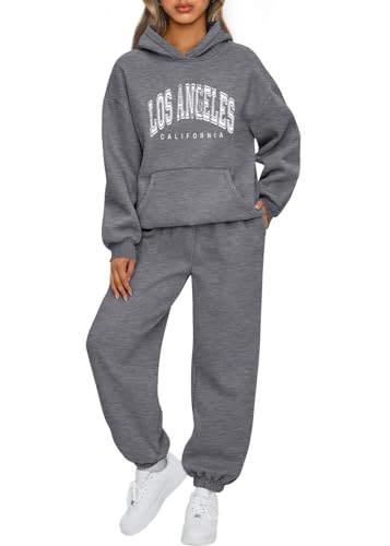 Tomwell Trainingsanzug Sets Frauen Casual Langarm Hoodies und Hosen Herbst Winter 2 Stück Anzug Set Oversize Locker Pullover Mit Kapuze und Jogger Hosen Set Warmer Hausanzug B Dunkelgrau M von Tomwell