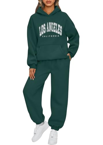 Tomwell Trainingsanzug Sets Frauen Casual Langarm Hoodies und Hosen Herbst Winter 2 Stück Anzug Set Oversize Locker Pullover Mit Kapuze und Jogger Hosen Set Warmer Hausanzug B Dunkelgrün M von Tomwell