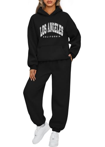 Tomwell Trainingsanzug Sets Frauen Casual Langarm Hoodies und Hosen Herbst Winter 2 Stück Anzug Set Oversize Locker Pullover Mit Kapuze und Jogger Hosen Set Warmer Hausanzug B Schwarz S von Tomwell