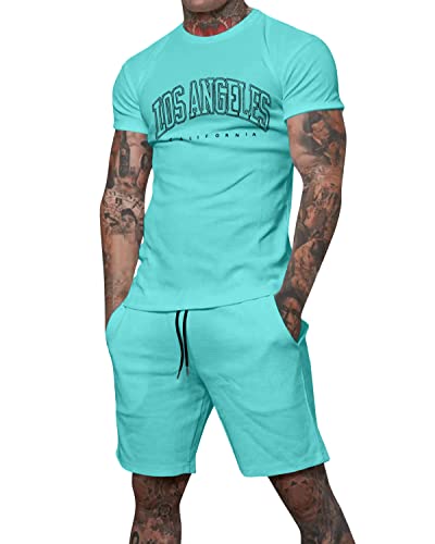 Tomwell Trainingsanzug für Herren Sommer Sportanzug 2 Teiliges Bedruckter Outfit Sport Set Kurzarm T-Shirts + Kurze Hose Freizeitanzug Männer Rundhals Oberteile Sporthose A Hellblau L von Tomwell