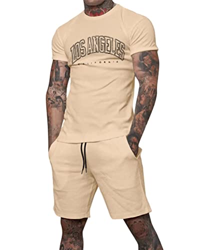 Tomwell Trainingsanzug für Herren Sommer Sportanzug 2 Teiliges Bedruckter Outfit Sport Set Kurzarm T-Shirts + Kurze Hose Freizeitanzug Männer Rundhals Oberteile Sporthose A Khaki XS von Tomwell