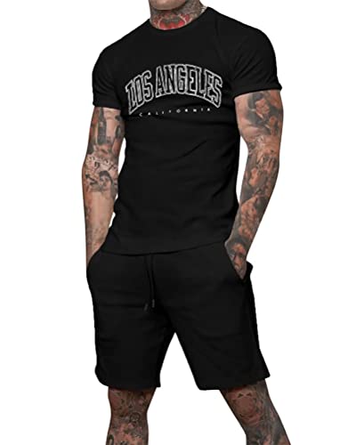 Tomwell Trainingsanzug für Herren Sommer Sportanzug 2 Teiliges Bedruckter Outfit Sport Set Kurzarm T-Shirts + Kurze Hose Freizeitanzug Männer Rundhals Oberteile Sporthose A Schwarz L von Tomwell