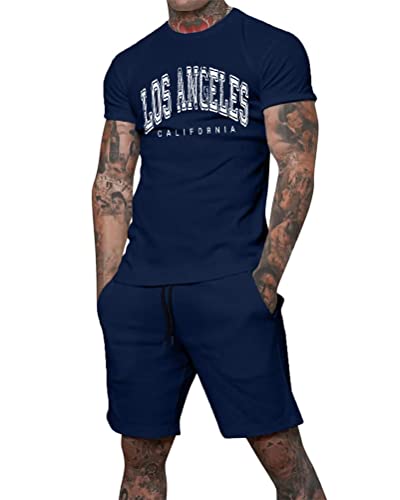 Tomwell Trainingsanzug für Herren Sommer Sportanzug 2 Teiliges Bedruckter Outfit Sport Set Kurzarm T-Shirts + Kurze Hose Freizeitanzug Männer Rundhals Oberteile Sporthose B Marine L von Tomwell