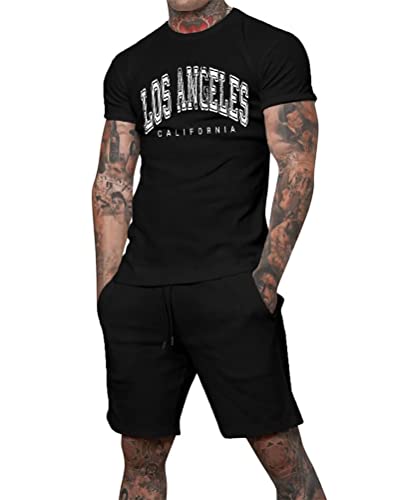 Tomwell Trainingsanzug für Herren Sommer Sportanzug 2 Teiliges Bedruckter Outfit Sport Set Kurzarm T-Shirts + Kurze Hose Freizeitanzug Männer Rundhals Oberteile Sporthose B Schwarz M von Tomwell