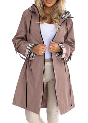 Tomwell Trenchcoat Damen Langarm Lässige Mantel Lange Windjacke mit Kapuze Oversized Winddichter Coat Schlanke Reißverschluss Cardigan A Braun XL von Tomwell
