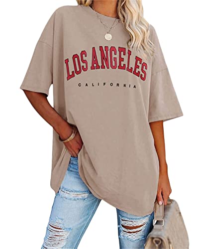 Tomwell Damen Los Angeles Brief T-Shirt Kurzarm Sport Sommer Rundhals Oversize Oberteile mit Buchstaben Druck Lose Bluse Vintage Tunika Lang für Teen Girls Top A Khaki XS von Tomwell