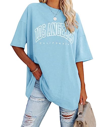 Tomwell Damen Los Angeles Brief T-Shirt Kurzarm Sport Sommer Rundhals Oversize Oberteile mit Buchstaben Druck Lose Bluse Vintage Tunika Lang für Teen Girls Top C Hellblau M von Tomwell