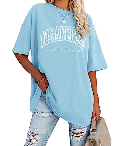 Tomwell Damen Los Angeles Brief T-Shirt Kurzarm Sport Sommer Rundhals Oversize Oberteile mit Buchstaben Druck Lose Bluse Vintage Tunika Lang für Teen Girls Top C Hellblau XS von Tomwell