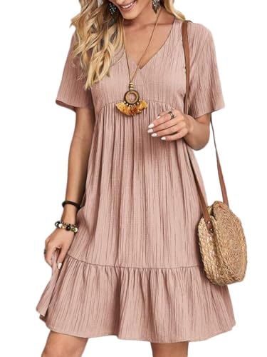 Tomwell Tunika Kleid Damen Sommer Musselin Kleid Kurzarm Leinenkleid V-Ausschnitt Knielang Blusenkleid Midikleid Strandkleid Hemdblusenkleid Blusenkleid Freizeitkleid A Rosa XXL von Tomwell