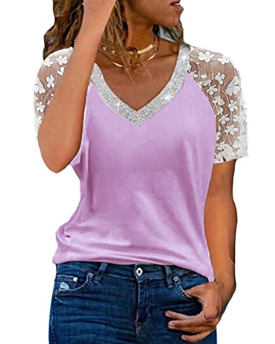 Tomwell Tunika Tops Damen V-Ausschnitt Spitze Kurzarmshirt Sexy Kalte Schulter Longshirt Oberteile Blumen Druck Tunika Basic Shirts Freizeithemd Elegant Pullover Bluse Hemd Top D Violett L von Tomwell