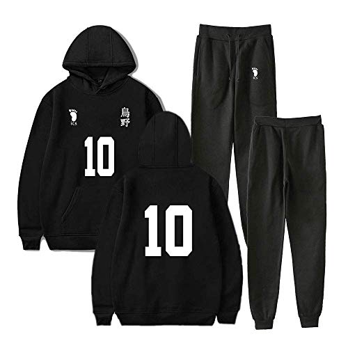 Tomwell Unisex Haikyuu Hoodie und Hose Karasuno Hinata Shoyo Cosplay Kostüm Kapuzenpullover Sportanzug Sweatshirt Sporthosen 2 Stück Sets Streatwear Trainingsanzüge Schwarz 10 3XL von Tomwell