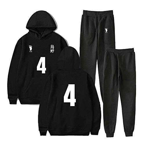 Tomwell Unisex Haikyuu Hoodie und Hose Karasuno Hinata Shoyo Cosplay Kostüm Kapuzenpullover Sportanzug Sweatshirt Sporthosen 2 Stück Sets Streatwear Trainingsanzüge Schwarz 4 L von Tomwell