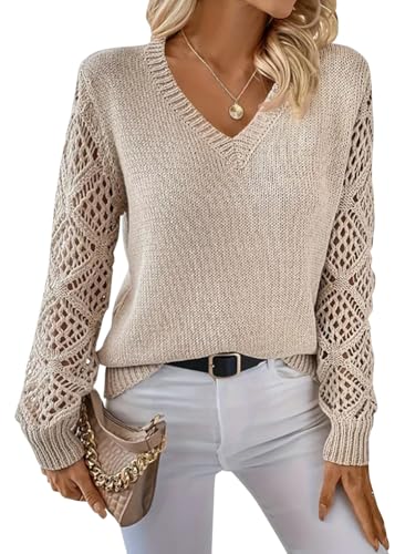 Tomwell V-Ausschnitt Pullover Damen Strickpullover Aushöhltes Langarmshirt Grobstrickpullover Winter Pulli Oberteile A Aprikose L von Tomwell