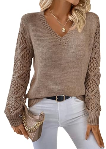 Tomwell V-Ausschnitt Pullover Damen Strickpullover Aushöhltes Langarmshirt Grobstrickpullover Winter Pulli Oberteile A Khaki XL von Tomwell